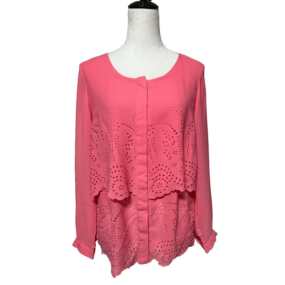 NY Collection Top Womens Medium Pink Tiered Scallops Button Up Career NWT - Picture 1 of 11